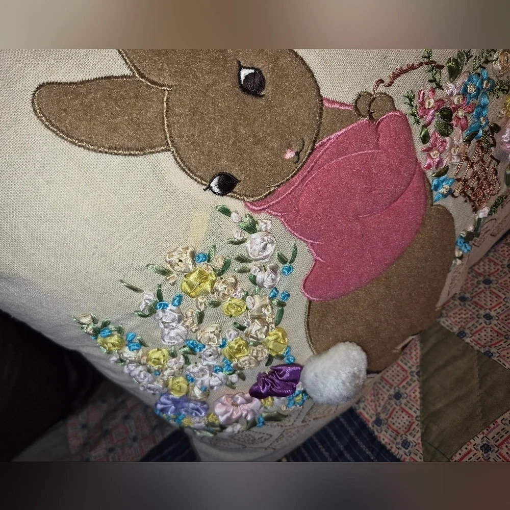 Set of 2 EASTER PILLOWS, 3D BUNNY W/ SEWN ON FLOWERS & BEADED CARROTS PILLOW